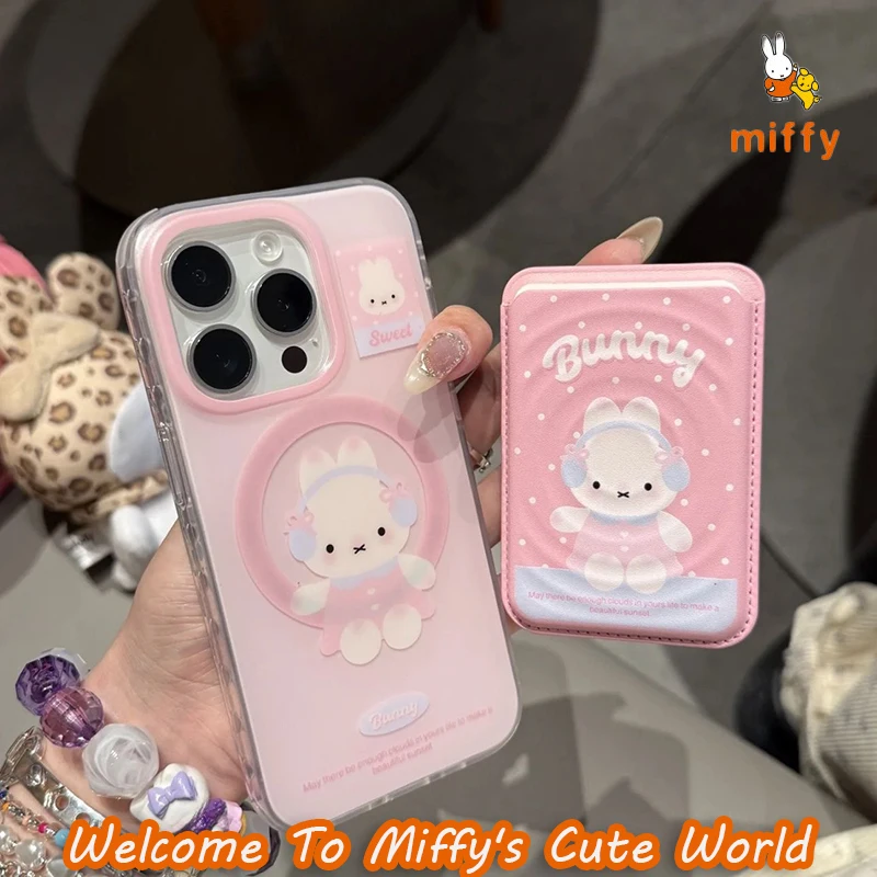 

Pink Miffy Phone Shell Suitable for Iphone 16 15 14 13 Cartoon Creative Magnetic Card Bag Anti Drop Phone Case Anime Accessories