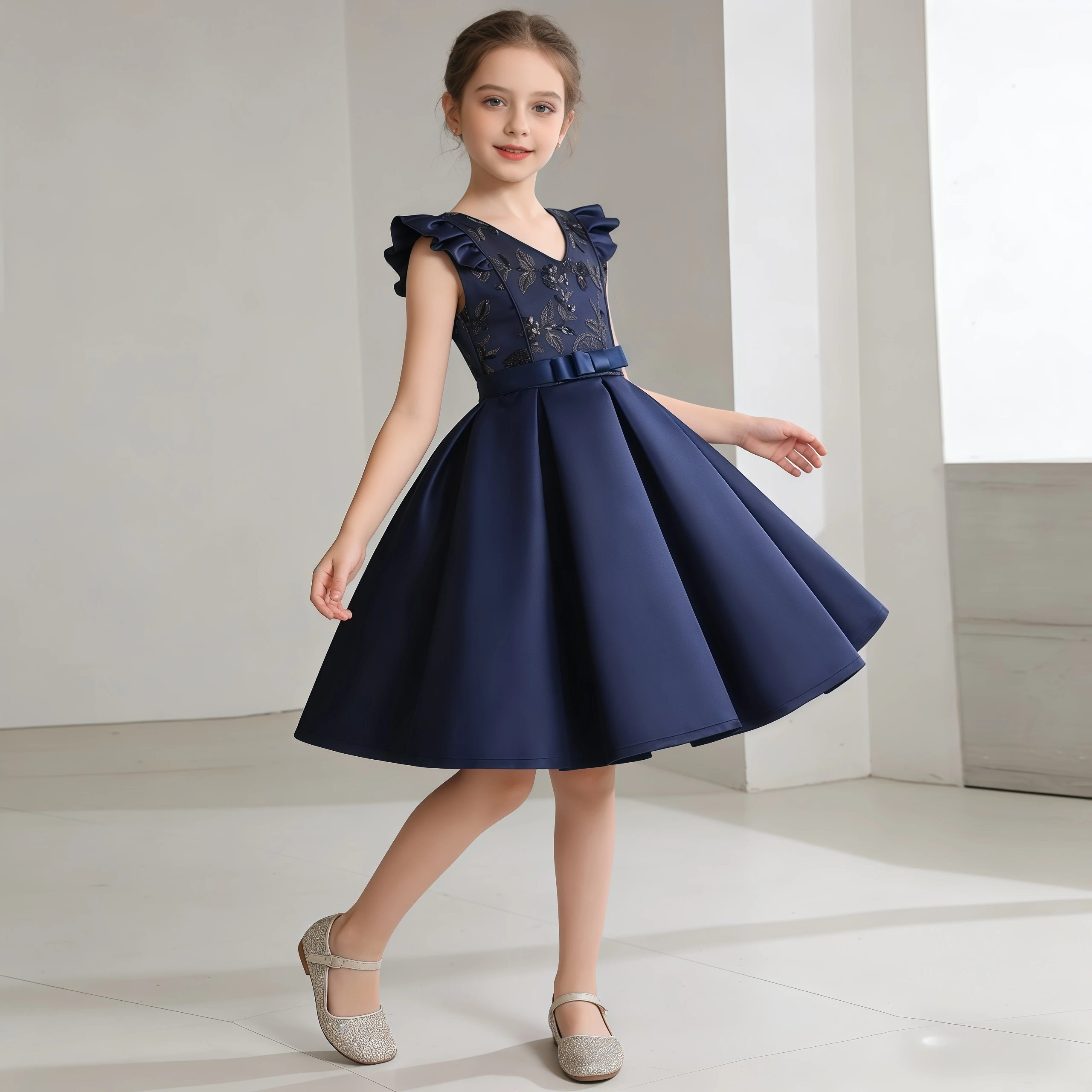 Fashion Flying Sleeve Children Girls' Dress V-Neck Embroidery Evening Princess Dress For Kids Festival Parties Birthday Vestidos