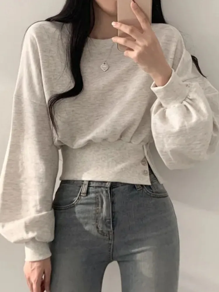 Korean Autumn Chic Solid Hoodies Women Casual O-neck Long Sleeve Y2k All Match Tops New Slim Fit Button Simple 2024 Ropa Mujer