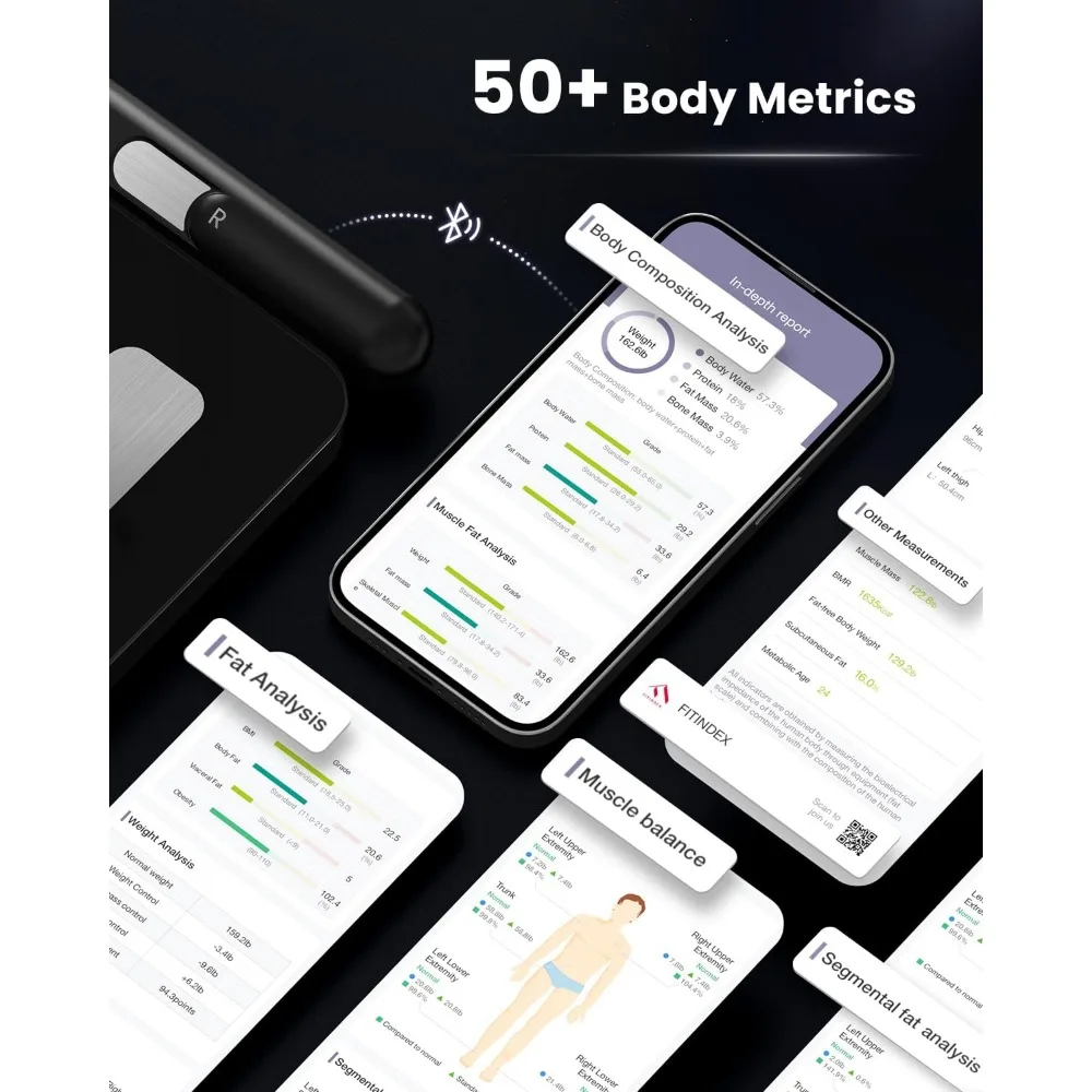 مقياس محلل الجسم الذكي بتقنية 8 أقطاب كهربائية: يقيس وزن الجسم وسمك الجسم ودهون الجسم وكتلة العضلات و50 تركيبات أخرى