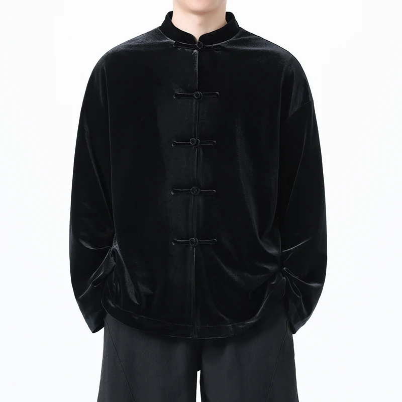 M-XXXXXL Plus Size Men's Vintage Chinese Style Stand Collar Long Sleeve Loose Flannel Coats Frog Button Casual Clothing Tops 5XL