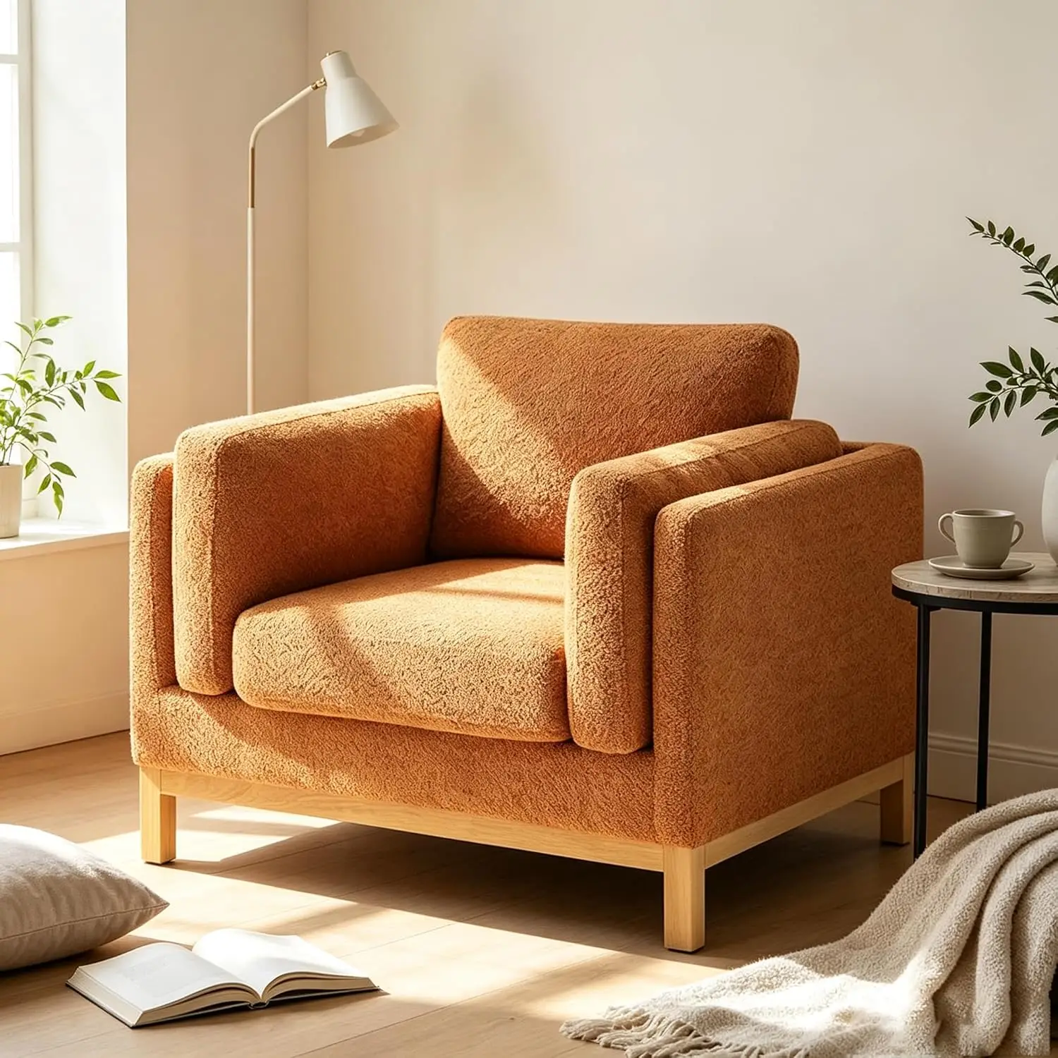 Oversized Boucle Armchair, Modern Upholstered Reading Chair with Wood Legs, 400 lbs Capacity, Living Room & Bedroom Seating, 41.
