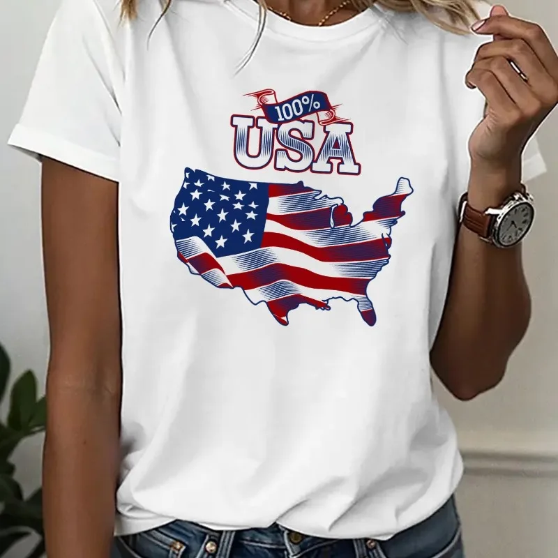 Women Casual T-shirt Round Neck T-shirt USA Patriotic Declaration T-shirt American Flag National Pride Festival Celebration Top