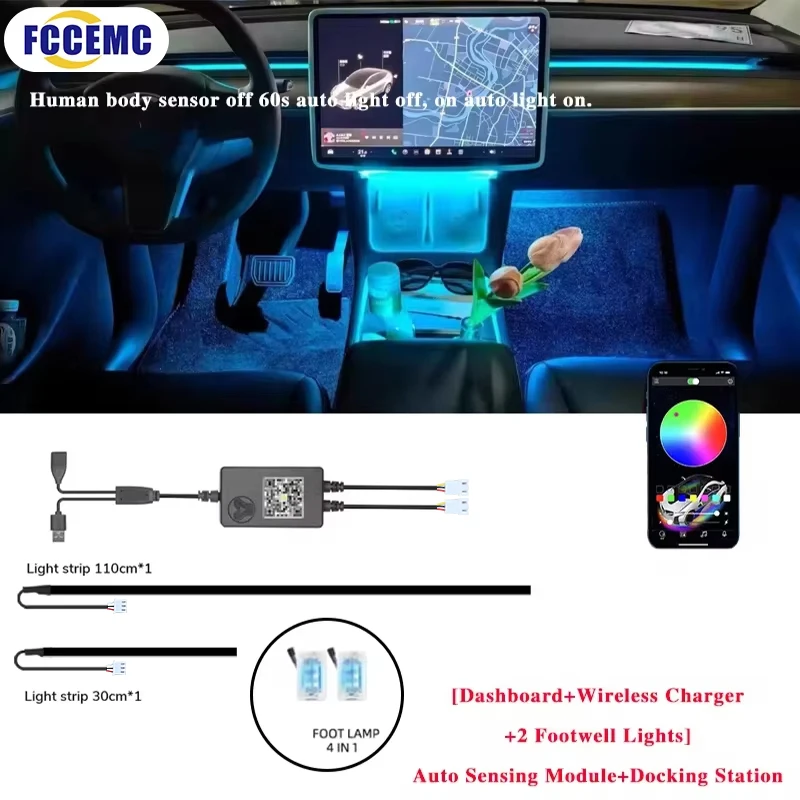 Car Ambient Light 60 Seconds Automatic OFF Module With USB Expansion Dock RGB APP Dashboard Lighting For Tesla Model 3 Y S X