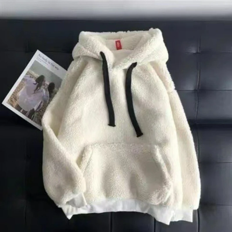 Nueva Sudadera con capucha de piel de cordero de imitación a la moda para mujer, ropa sencilla coreana para parejas, Top holgado con capucha gruesa Unisex 2026