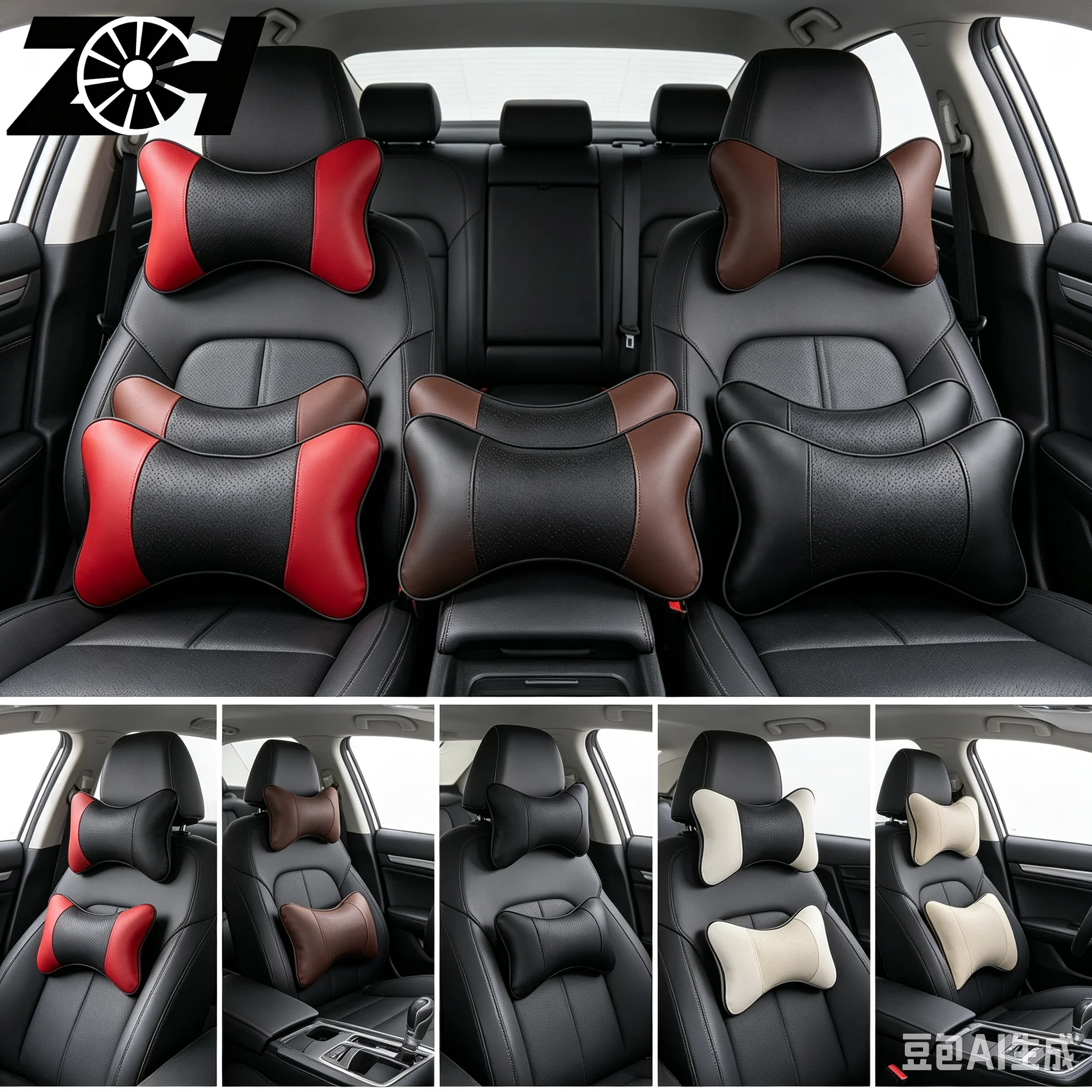 2 Pieces Univesal Car with headrest seat neck pillow four seasons common bones pillow black brown