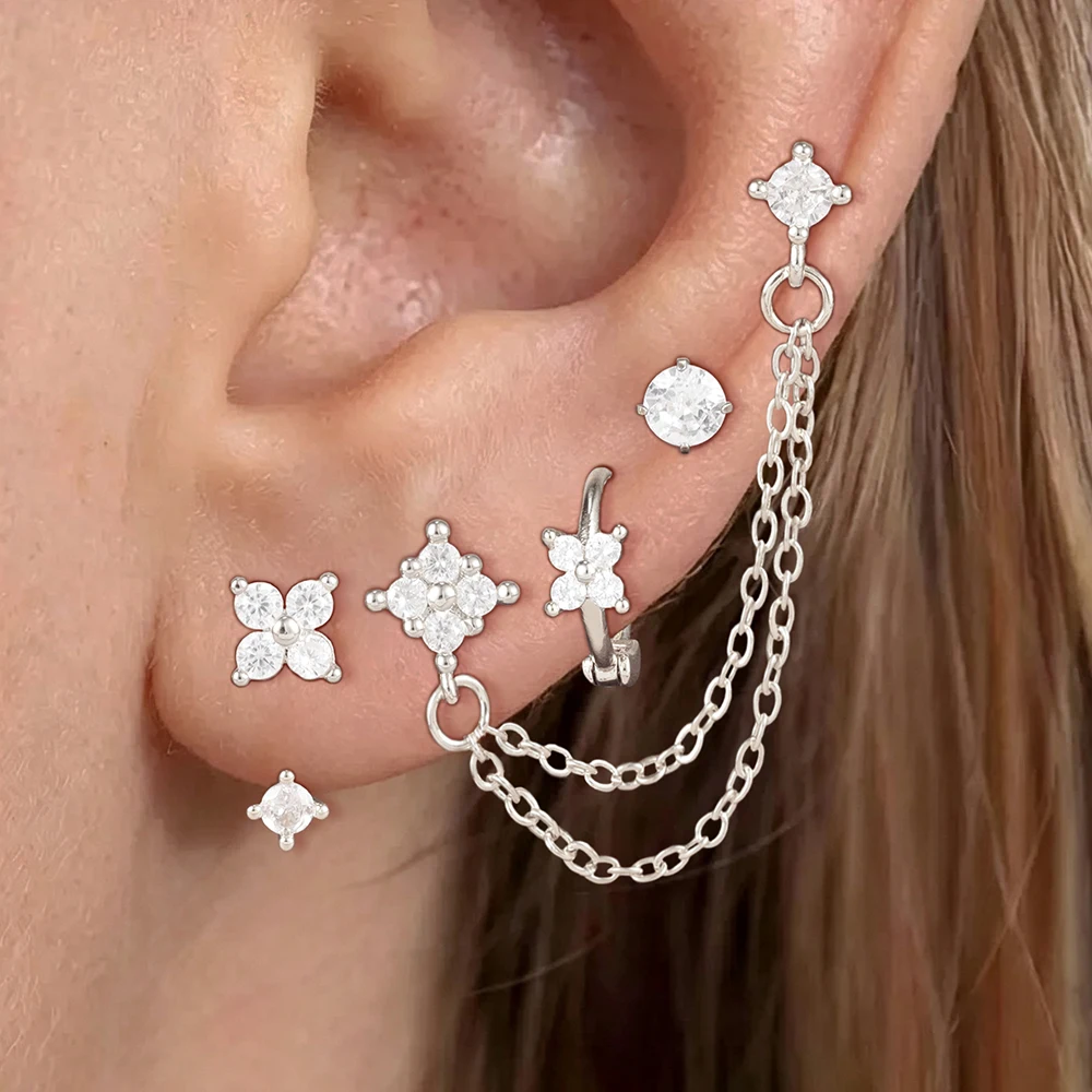 4PCS Stainless Steel Round Zircon Ear Studs Set For Women Four-Leaf Grass Tassel Chain Pendant Earring Delicate Daily Jewelry
