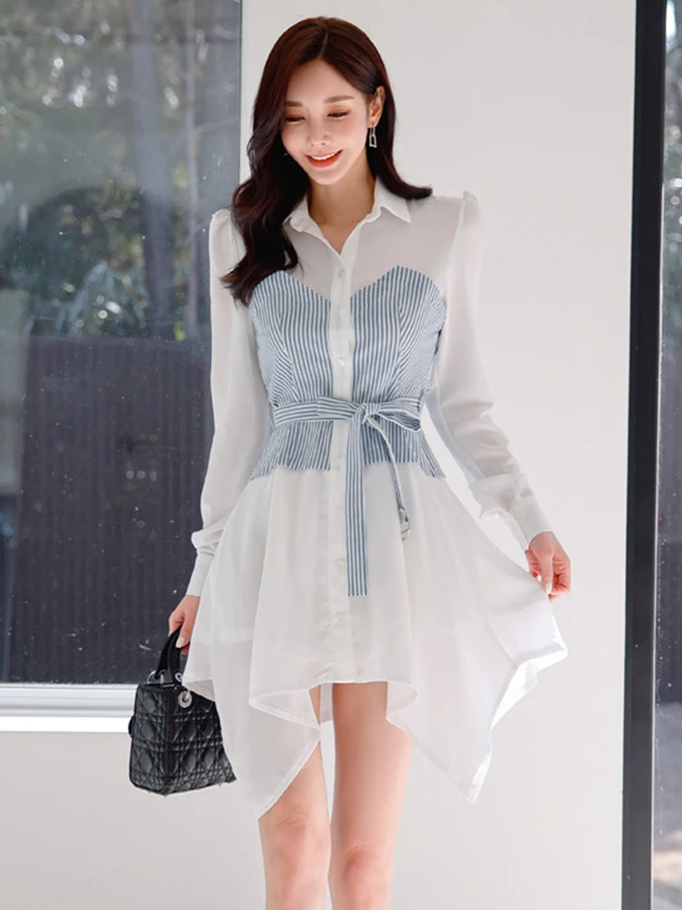 

New Spring Autumn Elegant Women Dress Casual Shirt Striped Turn-down Collar Slim Midi Dresses Beach Street Clothes Mujer Vestido