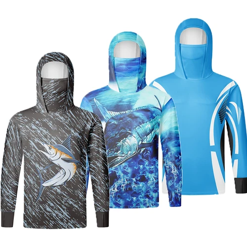 Camisas de pesca Sudadera con capucha de manga larga UPF 50+ Camisetas Tops Camiseta de protección solar Máscara facial para hombres Ropa de pesca