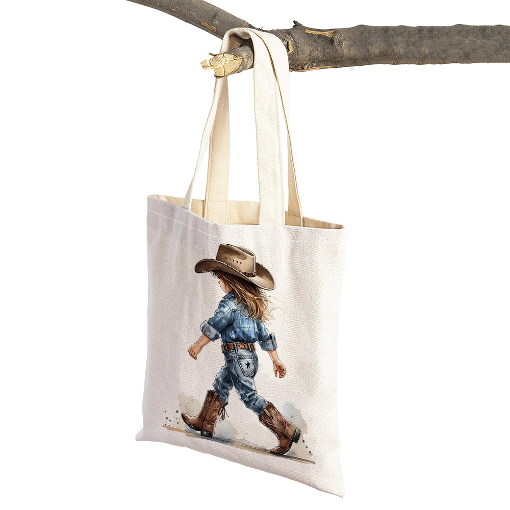 Cartoon Vintage Western Cowgirl Shopper Bag Linen Double Print Fairy Tale Lady Shopping Bags Women Tote Shoulder Handbags