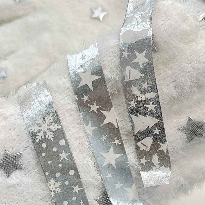 New 1PC 2M Deco Silver Foil Snowflake Stars Christmas Washi Tape For Gift Wrap Journal Masking Tape Cute Stationery