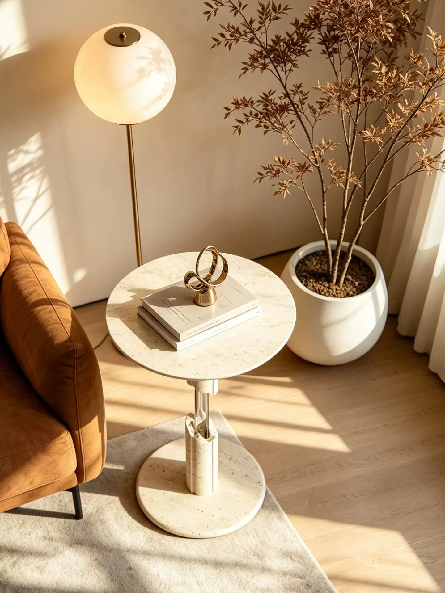 Cream Style Natural Travertine Round Side Table, Designer Marble Sofa Corner Table, Light Luxury Small Coffee Table Living Room