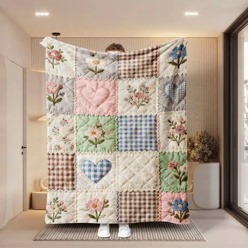 

Vintage Patchwork Floral & Heart Throw Blanket, Soft Cozy Flannel Blanket for Couch Sofa Bed, Country Home Decor Gift