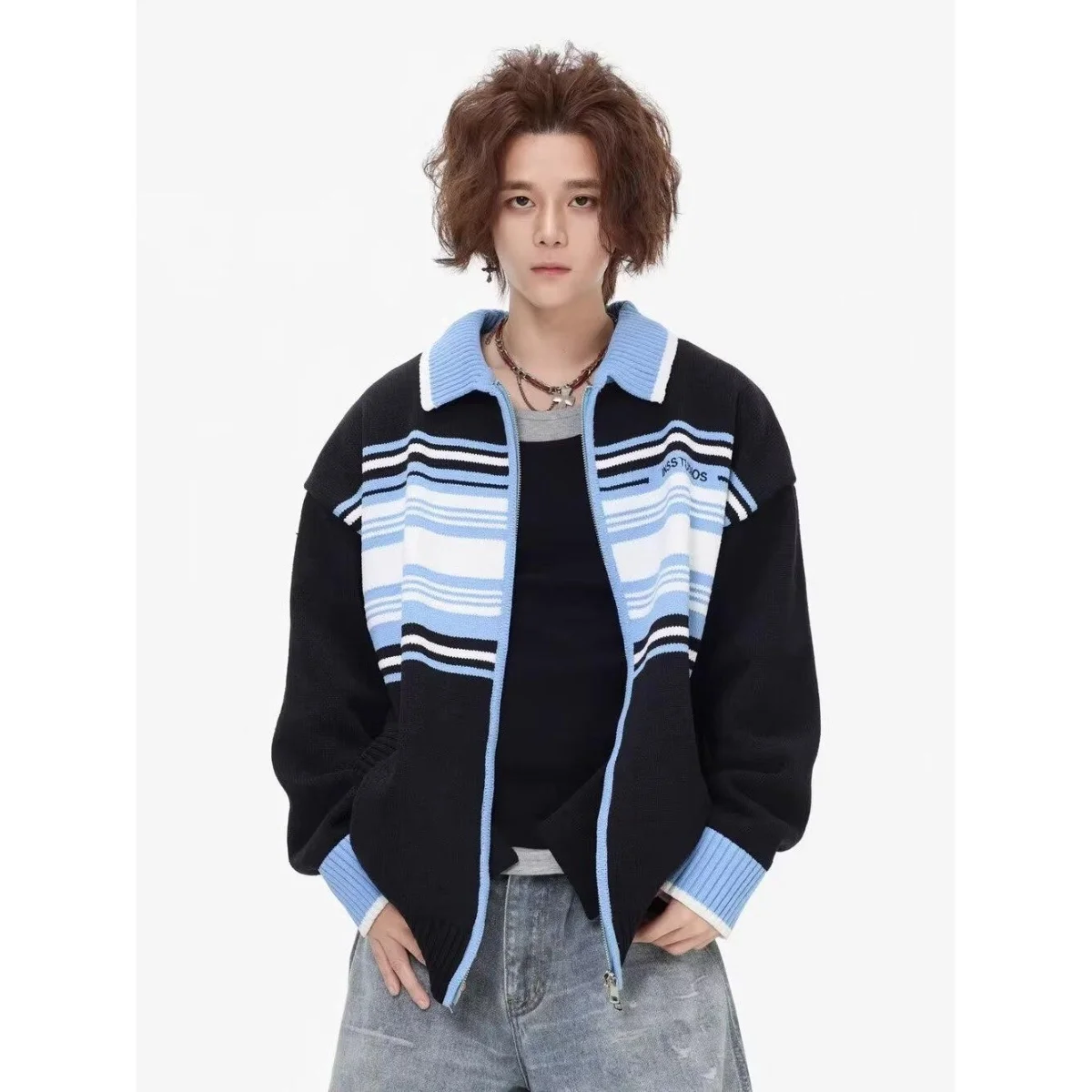 

2025 новый цветной полосатый ор-кардиган, свитер, мужской весенне-осенний американский вязаный топ, верхняя одежда, молодежное полиэфирное волокно