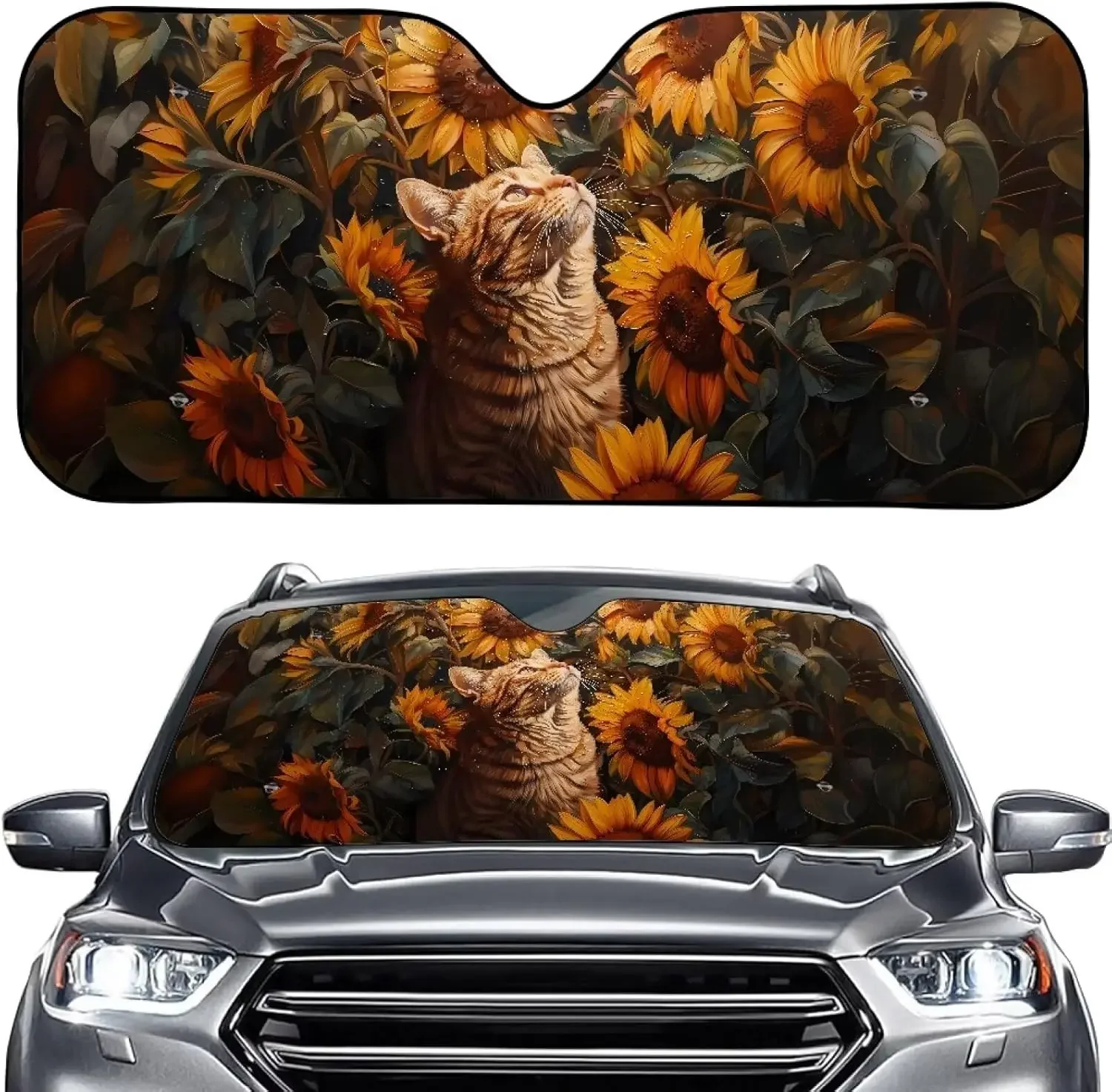 

Cat Sunflower Print Car Windshield Sun Sha Foldable Reflector Sunsha Protection For Car Interior, Cool Reflective