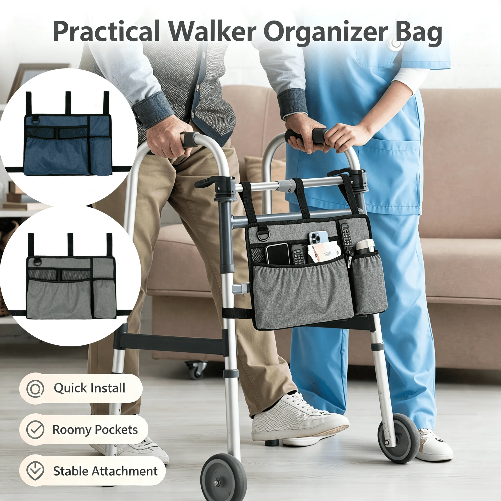 Multifunctional Walker Hanging Storage Bag Multi-pocket Organizer Portable Trolley Wheelchair Side Hanging Pouch for Easy Access