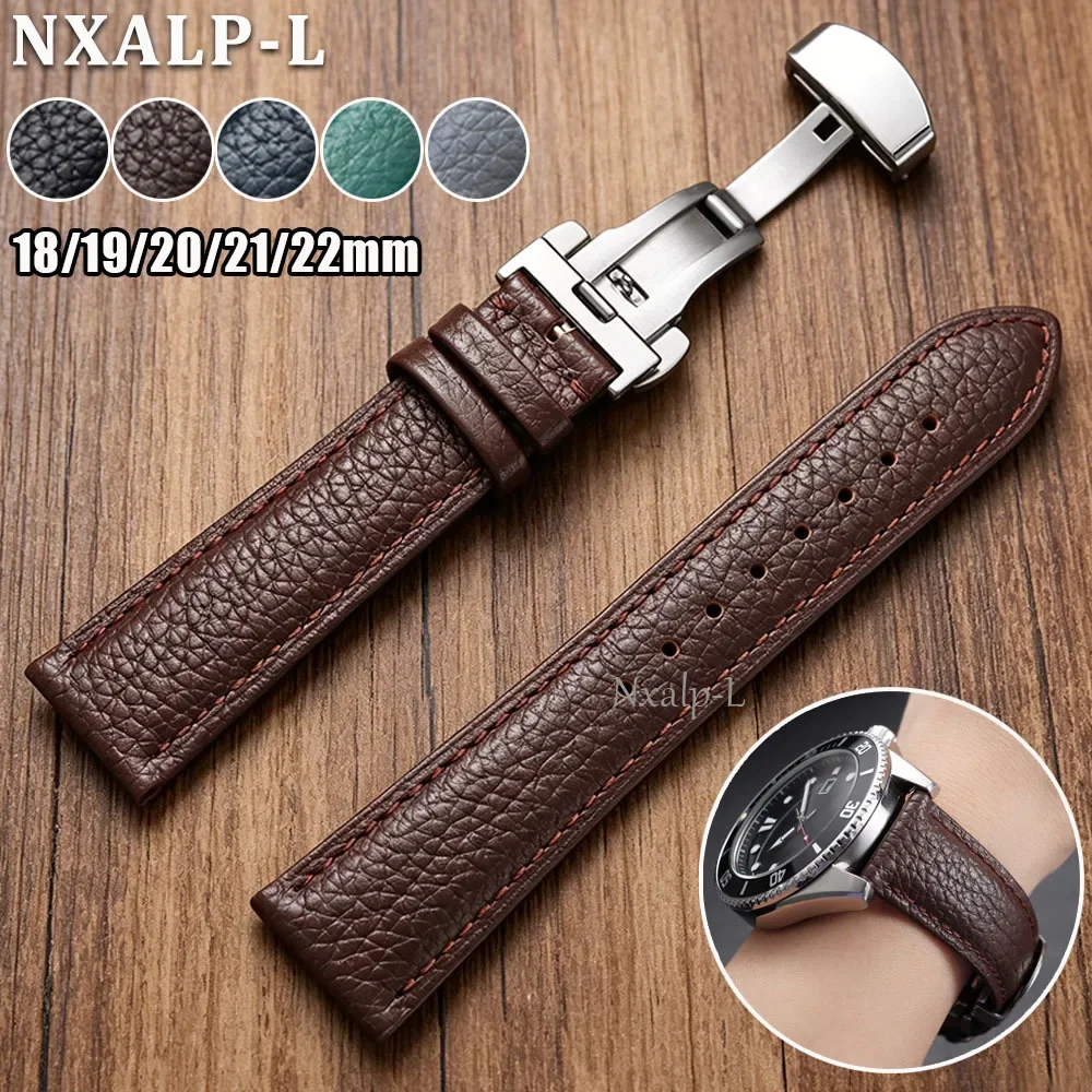 Cowhide Watch Strap 18/19/20/21/22mm for Seiko for Omega Bracelet Butterfly Buckle Men Women Wristband for Huawei Watch Gt5/4