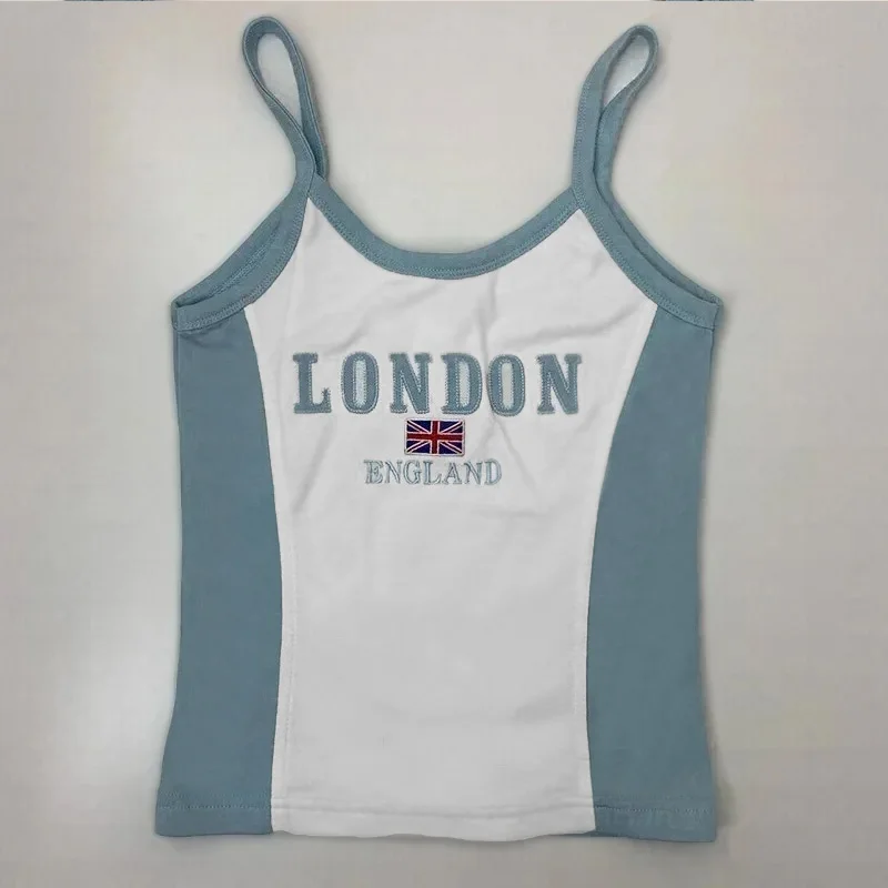 LONDON Embroidery Women Sleeveless Crop Top Blue White Sexy Basic Patchwork Summer Casual Camis Backless Y2k Vintage Tank Tops