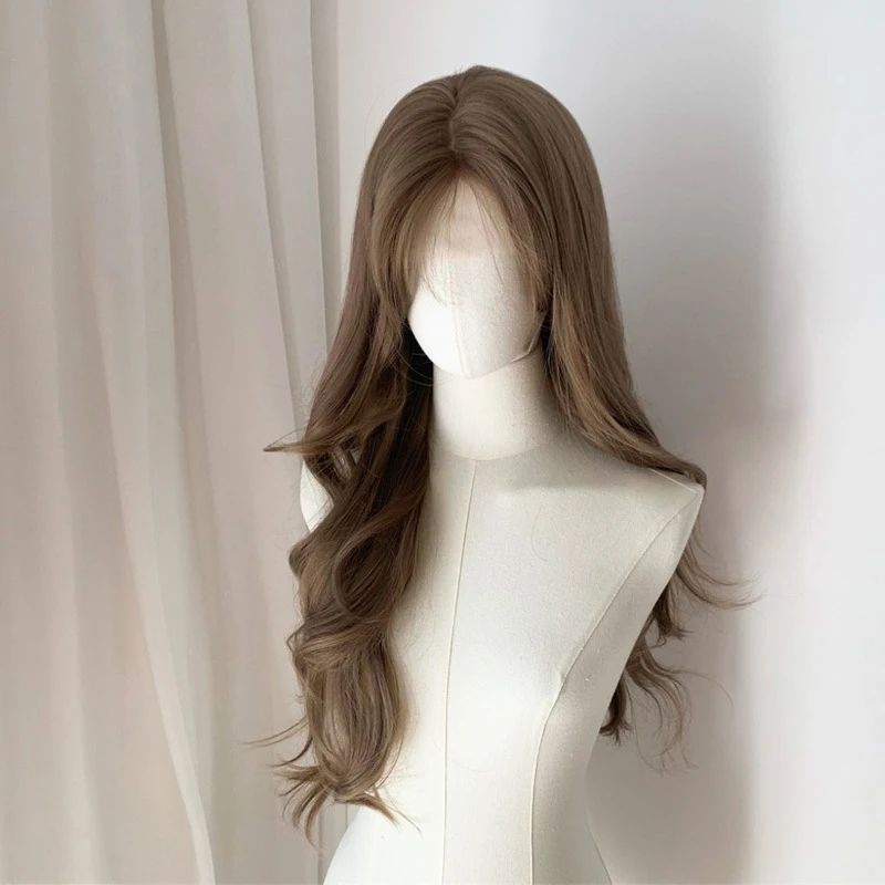 

Wig Female Linen Grey Brown Forehead Lace Long Curled Hair Full Headset