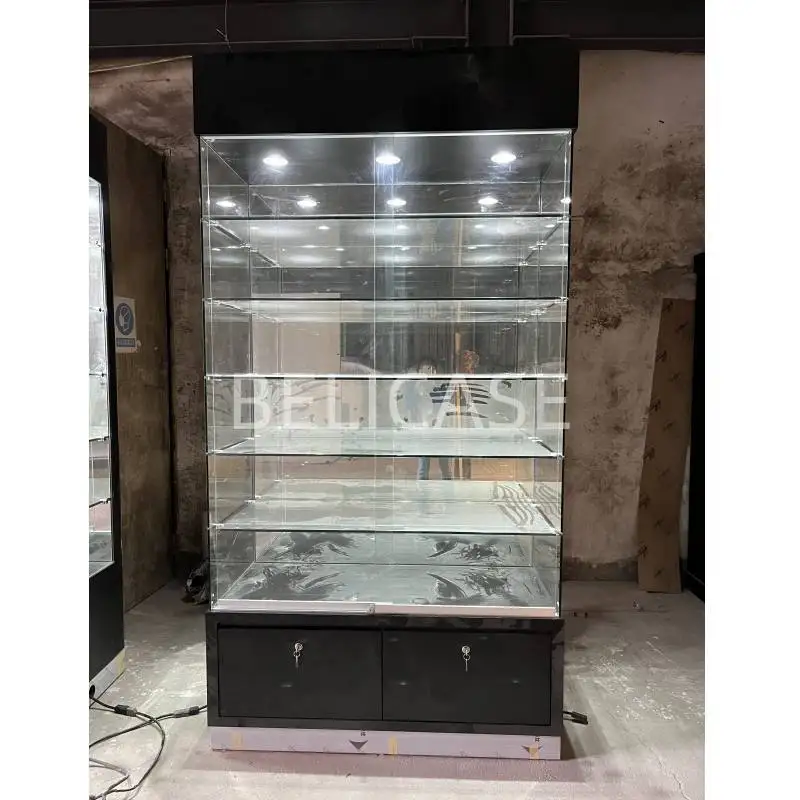 

2025customized.Custom Glass shelf with LED light smoke shop furniture display cabinet display