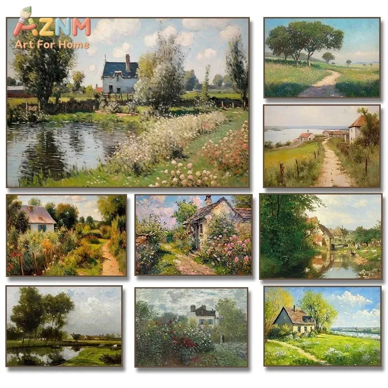 Summer Country Landscape Cottage River Rose Garden Oil Painting Canvas Poster Print Rustic Wall Art, Farmhouse Home Decoration