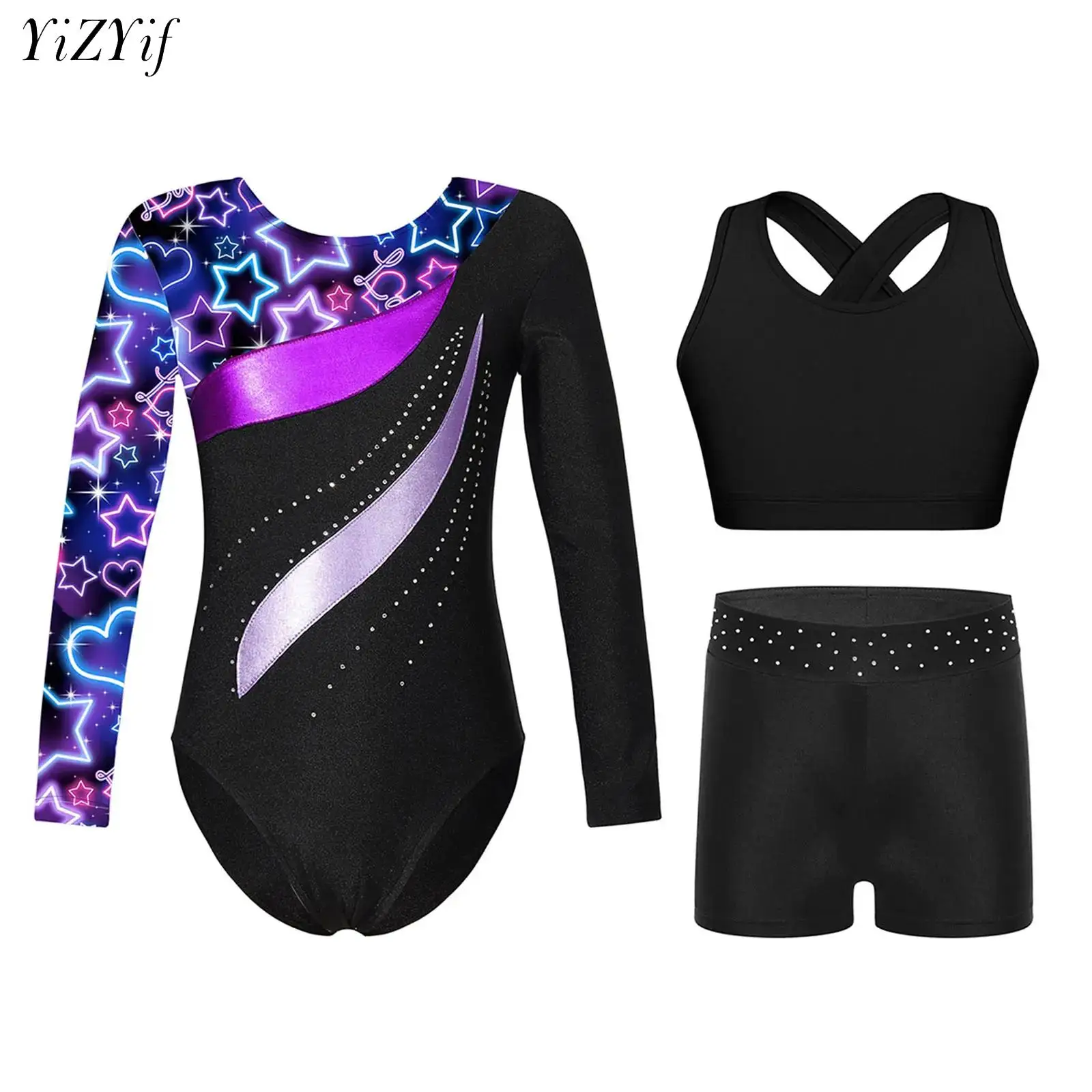 

Kids Girls Ballet Dance Sets Rhinestones Crop Top Sleeveless Gymnastics Bodysuit with Shorts Sportswear Outfits Costumes