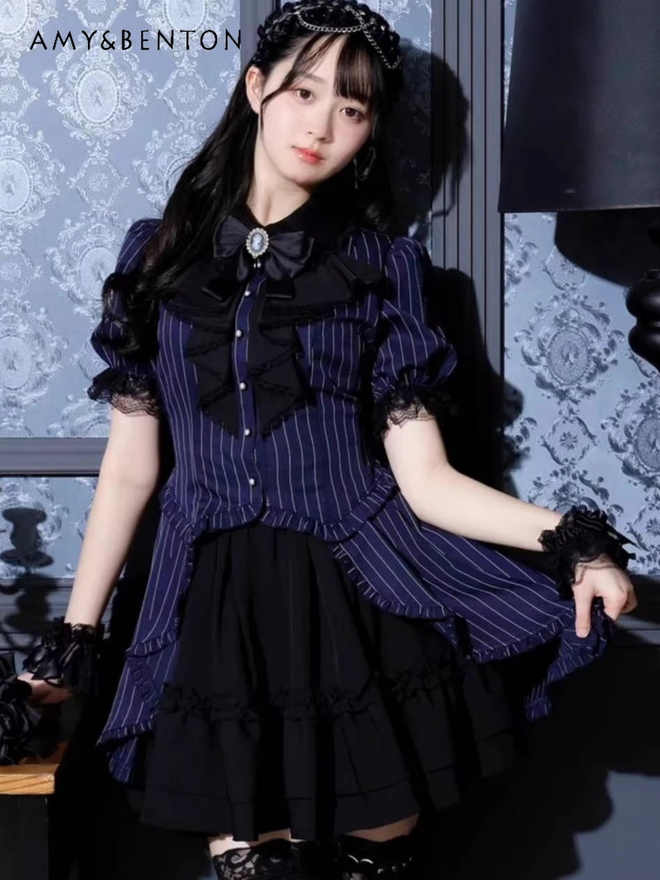 

Gothic Subculture Lolita Striped Dress Japanese Mine Series Mass-Produced Round Neck Bow Short Sleeve Irregular Dress + Skirt