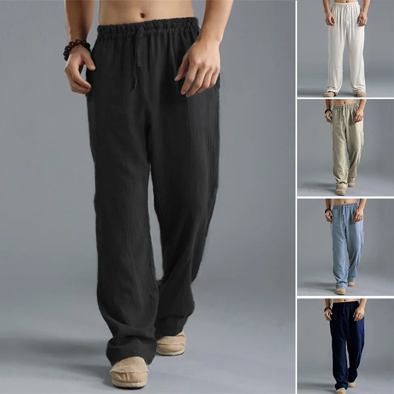 Solid Color Cotton Linen Men Pants Minimalist Basic Casual Drawstring Trousers Thin Plus Size Loose Straight Leg Pant