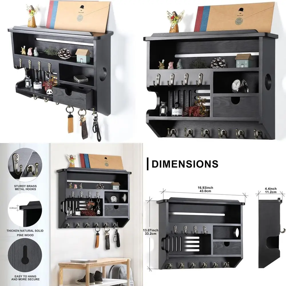 

Black Wall Mounted Mail and Key Organizer with Storage Drawer and 10 Hooks for Home Decor