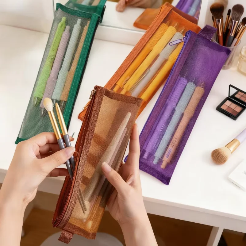 

Transparent Mesh Zipper Bags, Portable Cosmetic Bags for Stationery Cosmetics Keys Office Supplies Travel Accessories