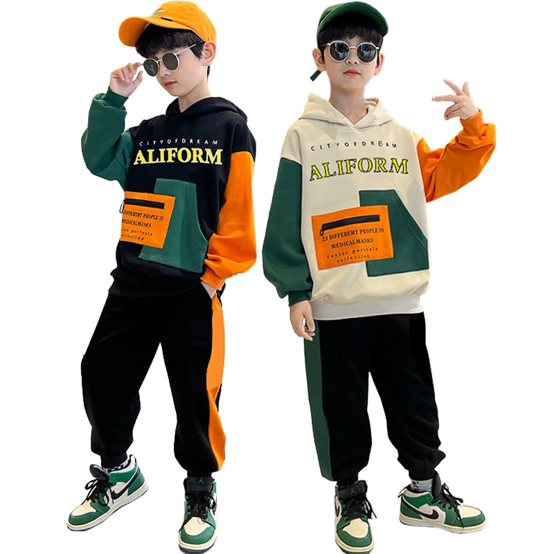 Boys Spring/Autumn Hooded Sweater Suit Children\'s Fashion Splice Hoodie+Pants 2-Piece Teenagers Cool Print Sports Set 4-12 Years