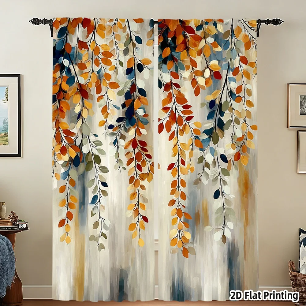 2PCS Colorful Autumn Leaf Print Curtains, Fall Decor Window Drapes for Bedroom Living Room Home Decor