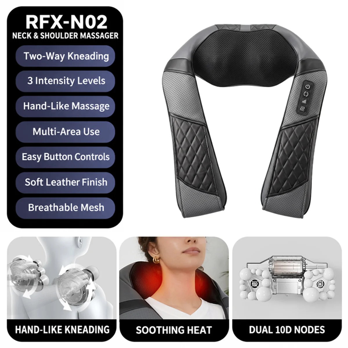 NECK MASSAGER Dual 10D Kneading Massager with Heat for Neck, Shoulders & Back, 3 Intensity Levels, 15-Minute Timer NECK MASSAGER