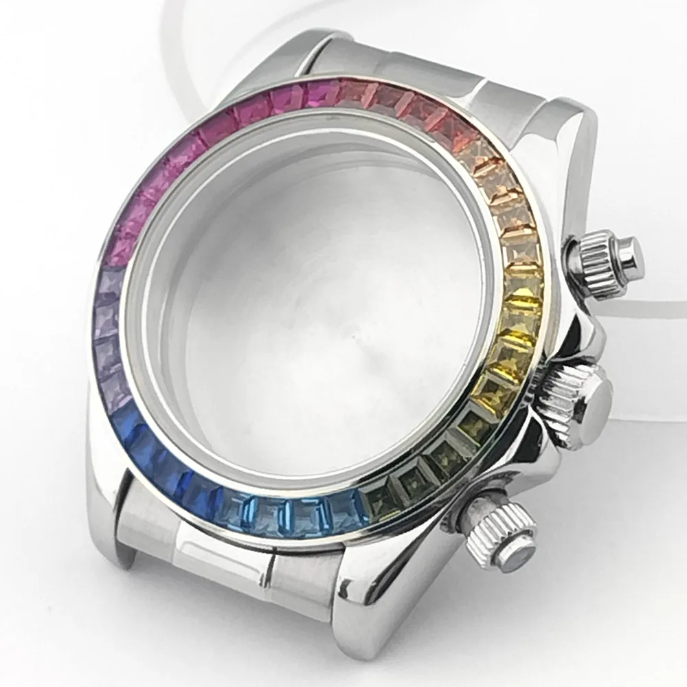 39,3 mm farbiges Kristall-Diamant-Gehäuse, passend für VK63-Uhrwerk, Silber, Roségold, Schwarz, Uhrenzubehörteile, kann zusammengebaut werden. – Detail 4