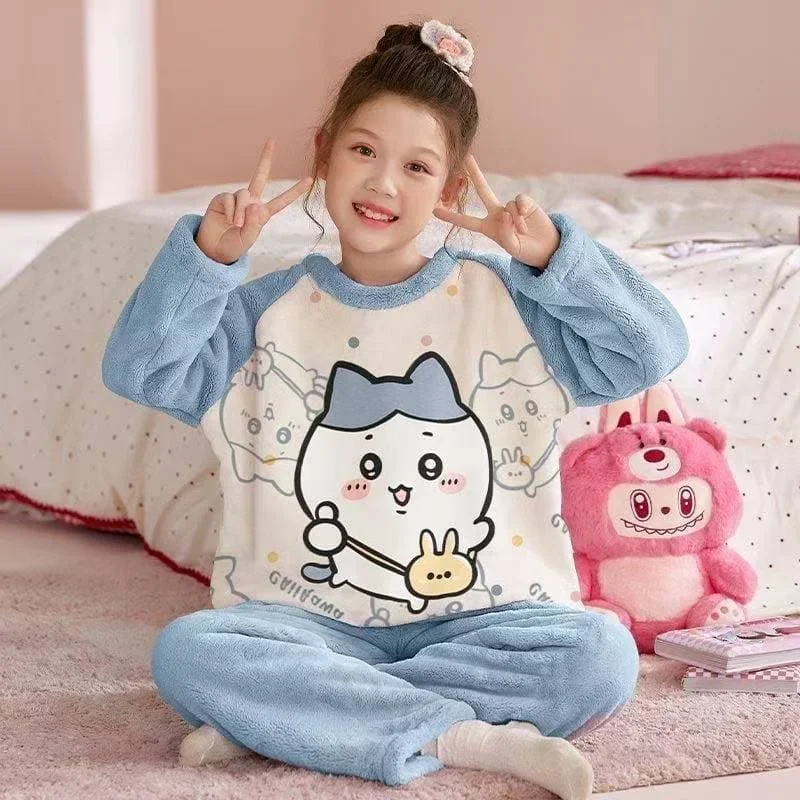 Cute Anime Usagi Pajamas Set Fleece Top Allover Cartoon Print Trousers Ladies Cozy Warm Flannel Home Sleepwear Family Matching 4
