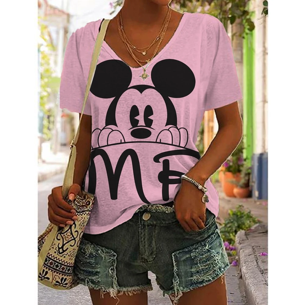 2024 Summer Disney Mickey Mouse Pattern 3d Abstract Painting Women's V-neck T-shirt Loose Casual Street Multi-color Top For Girl