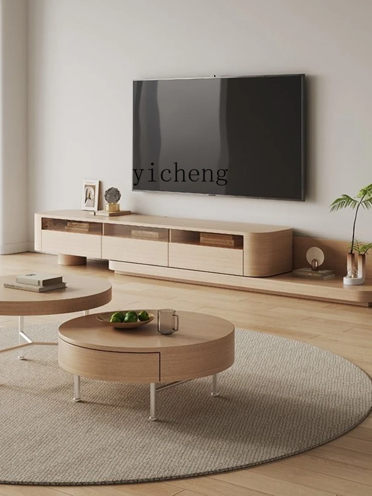 Xl Modern Minimalist Solid Wood Floor TV Cabinet Log Wind Retractable Coffee Table TV Cabinet