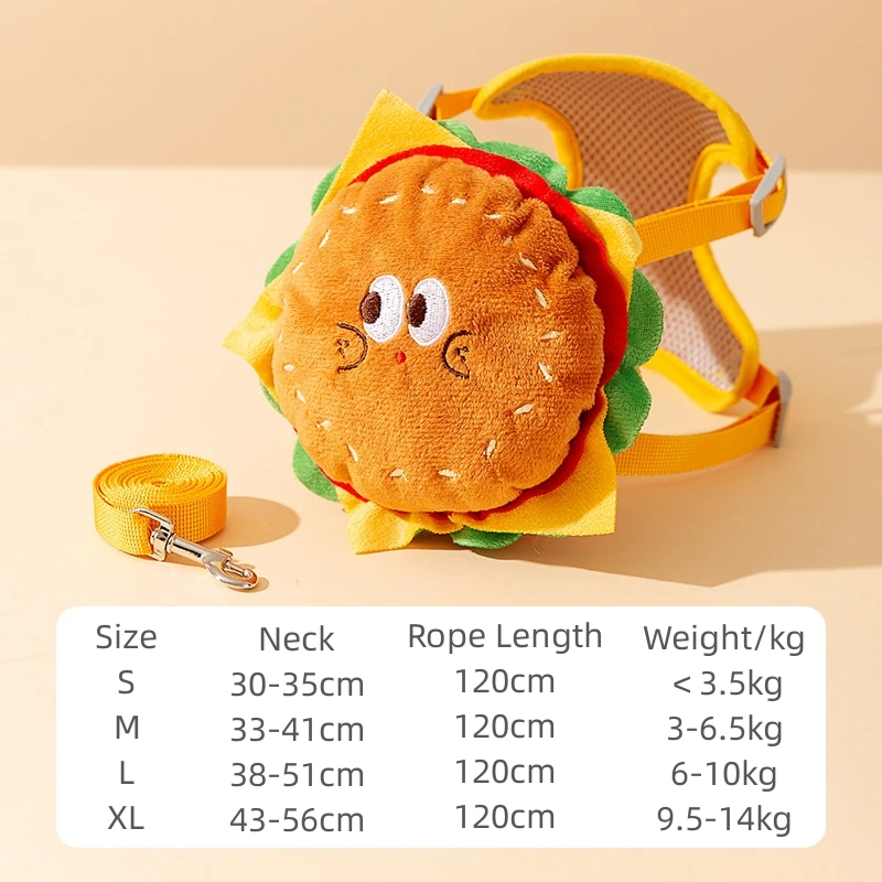 Cartoon Hamburger Chips Design Adjustable Vest Leash Rope for Cats and Dogs, Walking Tow Rope with Backpack, Escape Proof Vest