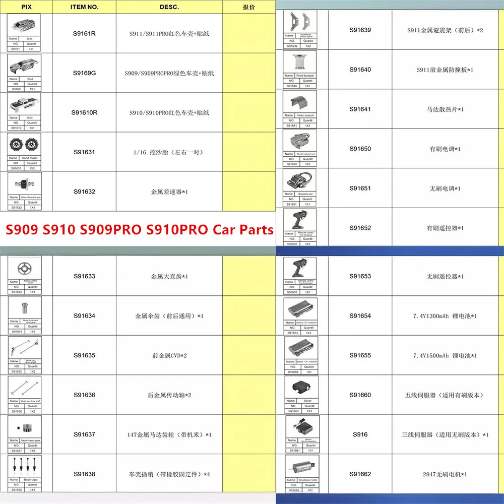 S909 S910 S909PRO S910PRO 1/16 RC Car Spare Parts Motor ESC Servo Shell Differential Tire Drive Shaft Gear Bearing Etc