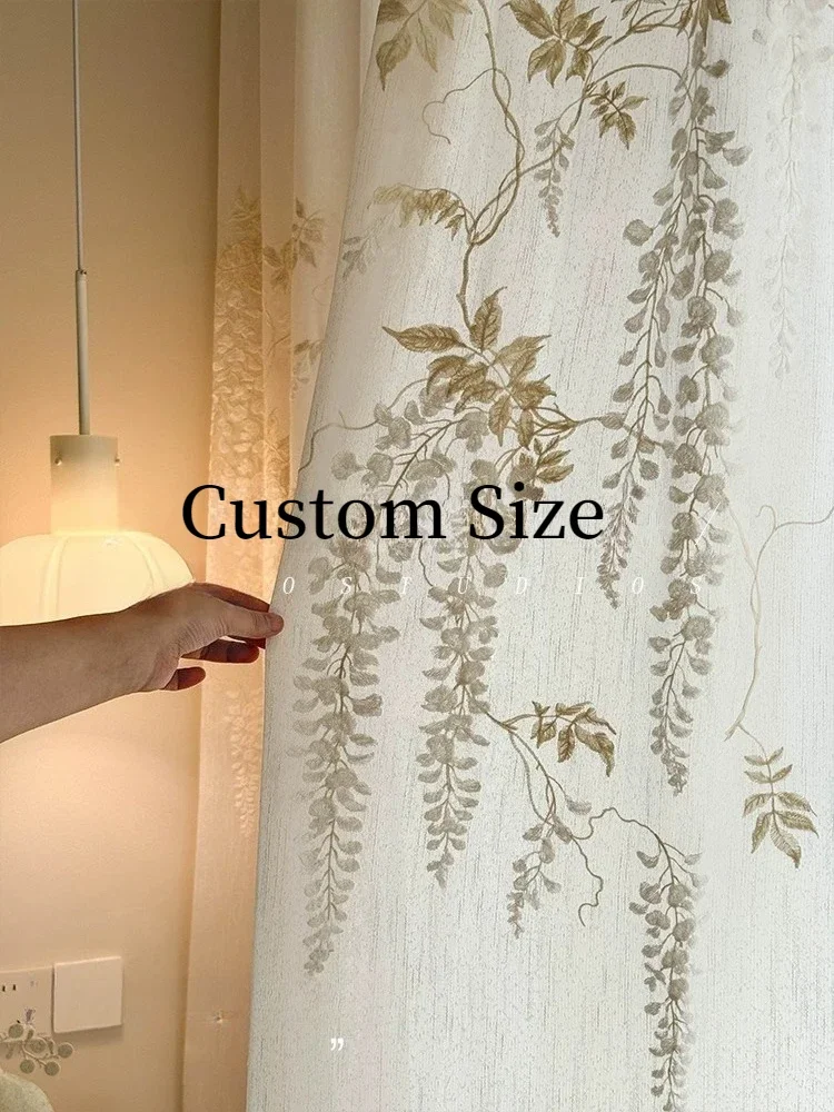 French Romantic Atmosphere Gauze Customized Curtain High-end Wisteria Flower Embroidery Mid-century Style Curtains for Bedroom