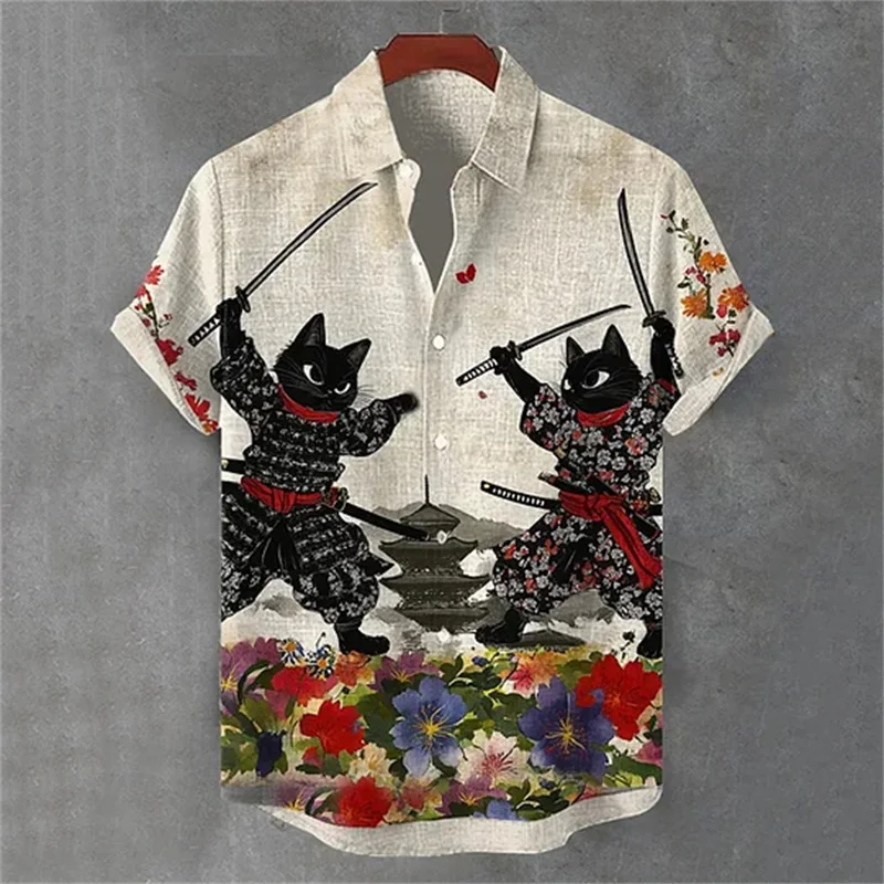 

Men's Retro Calligraphy Black Cat Warrior Handheld Octopus Art Printed Casual Shirt Japanese Black Cat Tea Drinking Ink Painting