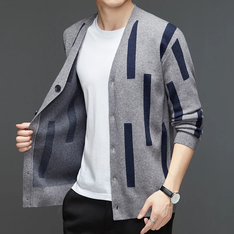 2024 Spring Men Cardigan V Neck Button Down Sweater Fashion Knit Graphic Korean Style Casual Plain Jacket Coats Mens Clothing