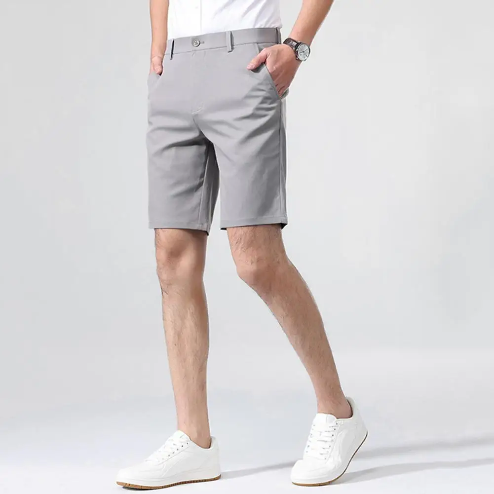 Basic Men Shorts Men's Solid Color Casual Suit Shorts with Pockets Elastic Waistband Breathable Fabric for Daily Wear Golf