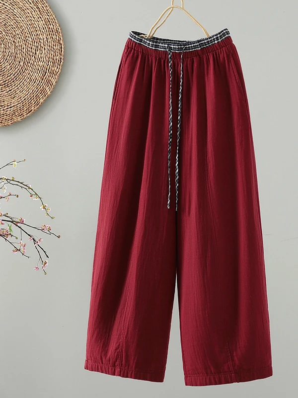 Retro Cotton Wide Leg Pants Women's High Waist Drawstring Casual Straight Cut Color Block Slimming Loose Long Trousers