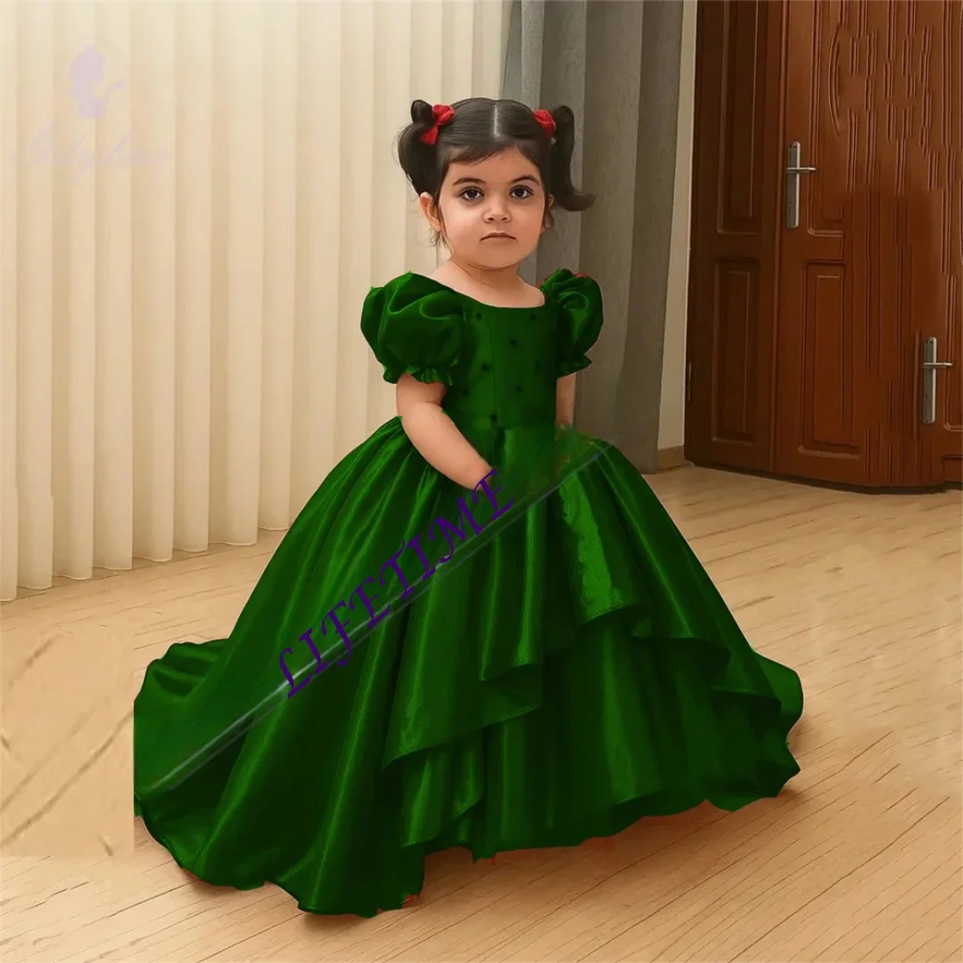 

Royal Blue Satin Cute Girl Birthday Dress Suitable For Weddings Puffy Short Sleeves Beauty Pageant Host Event Dress Customized