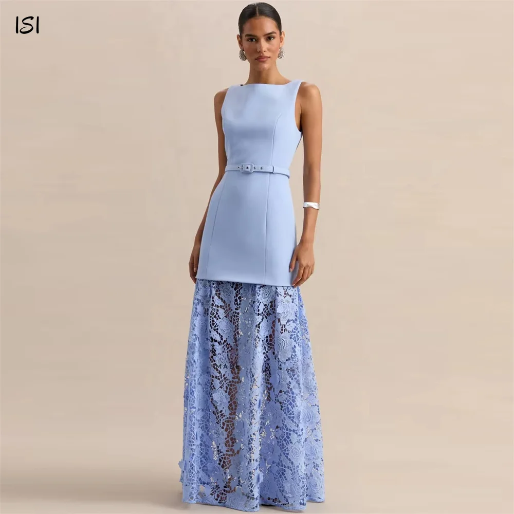 ISI Maßgeschneidertes Elegantes Blaues O-Ausschnitt Ärmelloses Formelles Abendkleid Spitze A-Linie Hochzeitskleid Bodenlange Ballrobe