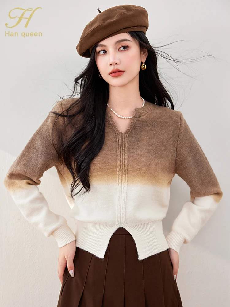 

H Han Queen Autumn Winter Pullovers V-Neck Elastic Vintage Knitted Chic Sweaters Tops Women's Fashion Simple Colorblocking