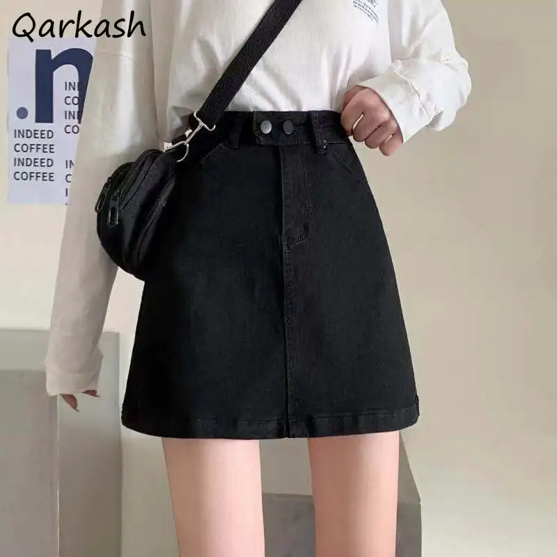 

Denim Skirts Women S-5XL Solid Casual Ulzzang Ladies A-line High Waist Elegant Mini Faldas Popular Pockets Simple Comfortable