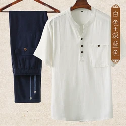 Chinese style summer cotton and linen short sleeved T-shirt set linen men's casual loose T-shirt