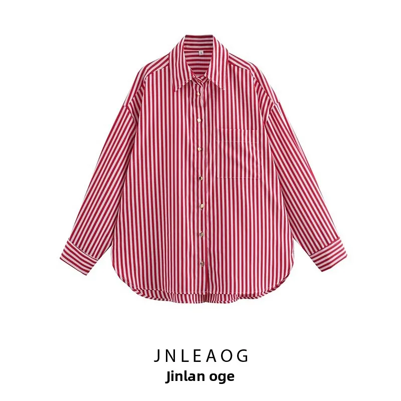 Loose Svel Striped irt JNLEAOG Autumn New Women's Faion Street Sle Polyester Long Sve Regular Length Girls' irt